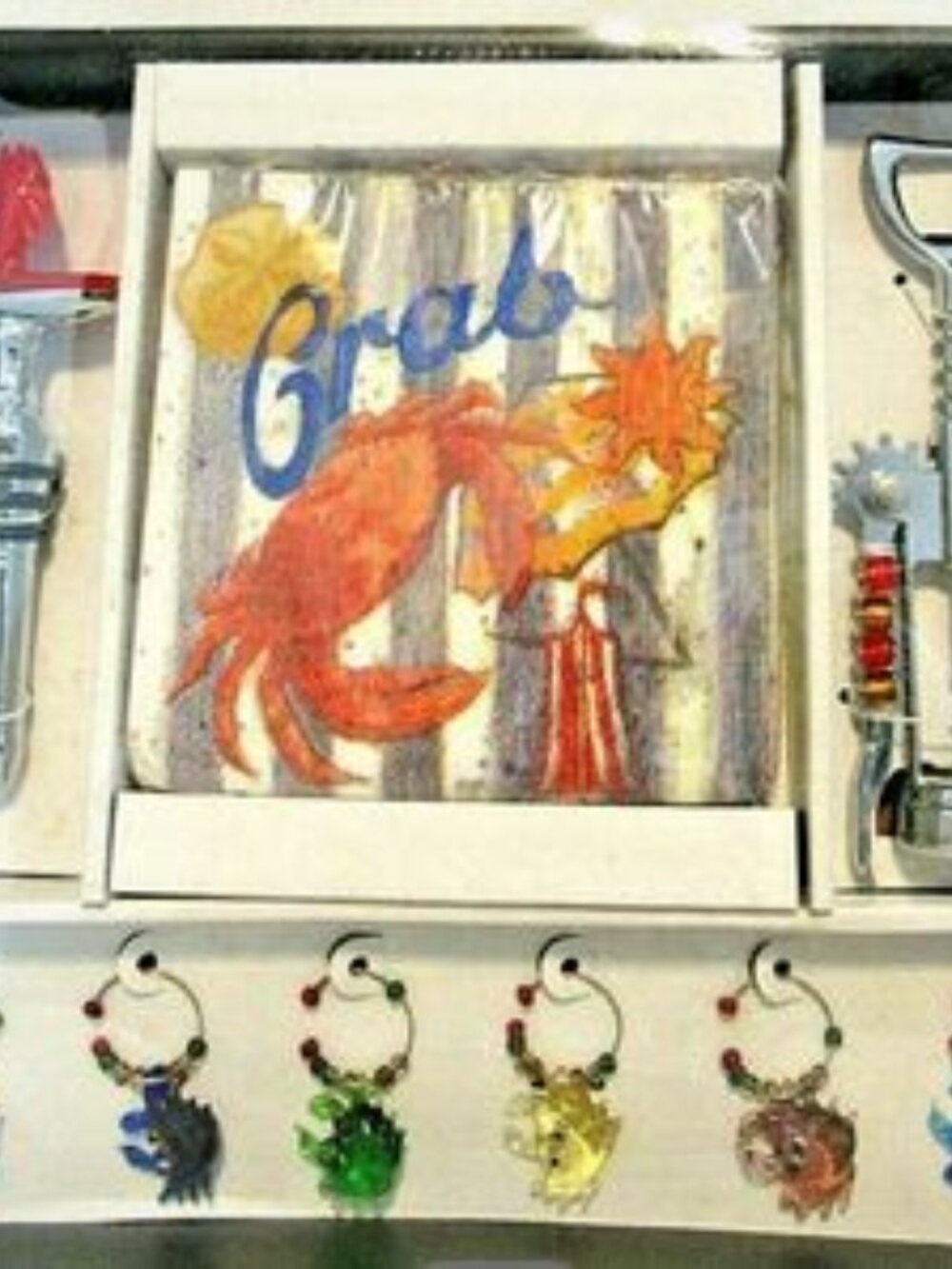 Bar Set Wine Corkscrew Stopper Metal & Glass Charms & Napkins Crab Sealife New